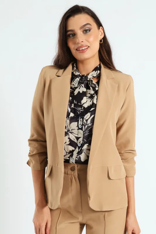 Ruched Sleeve Pocket Flap Blazer - Latte sold by Edgars