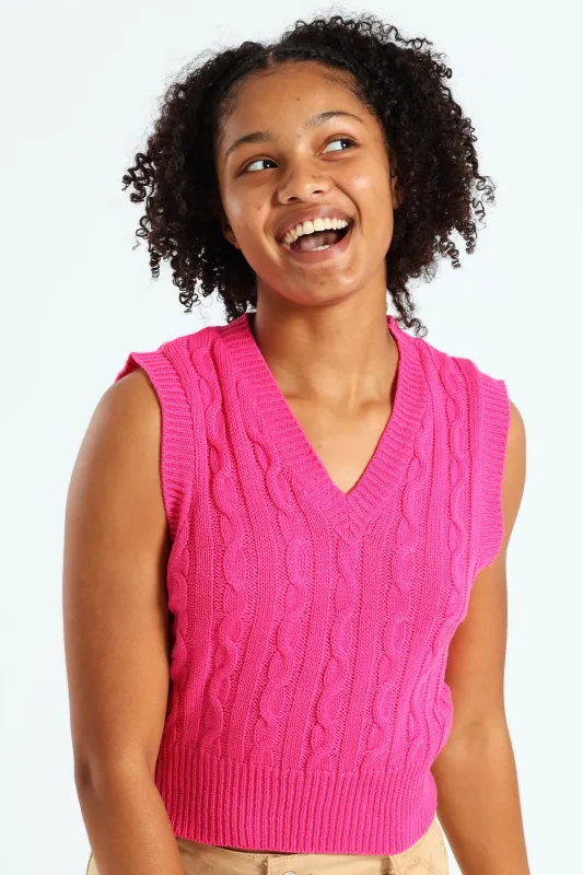 Girls V-Neck Cable Vest - Pink sold by Edgars