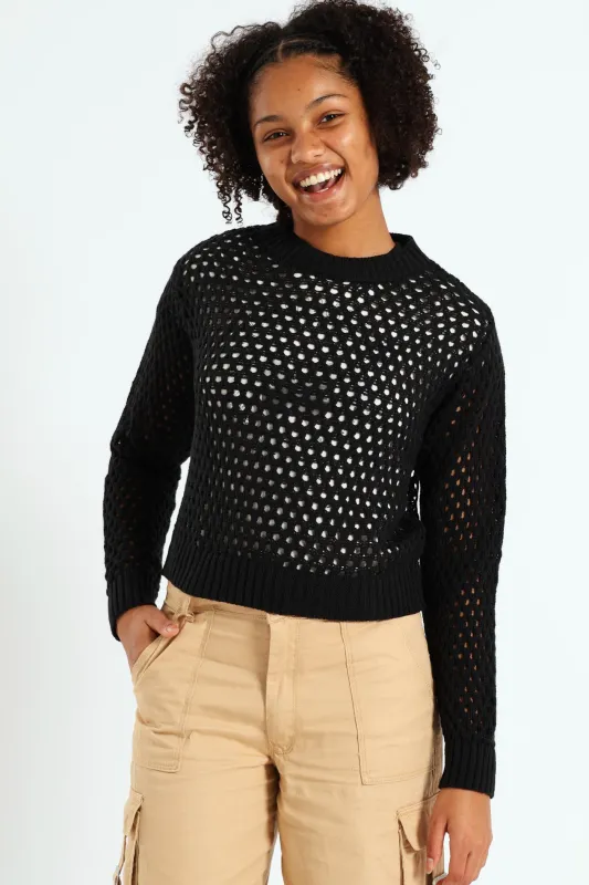 Girls Long Sleeve Crochet Knitwear - Black sold by Edgars