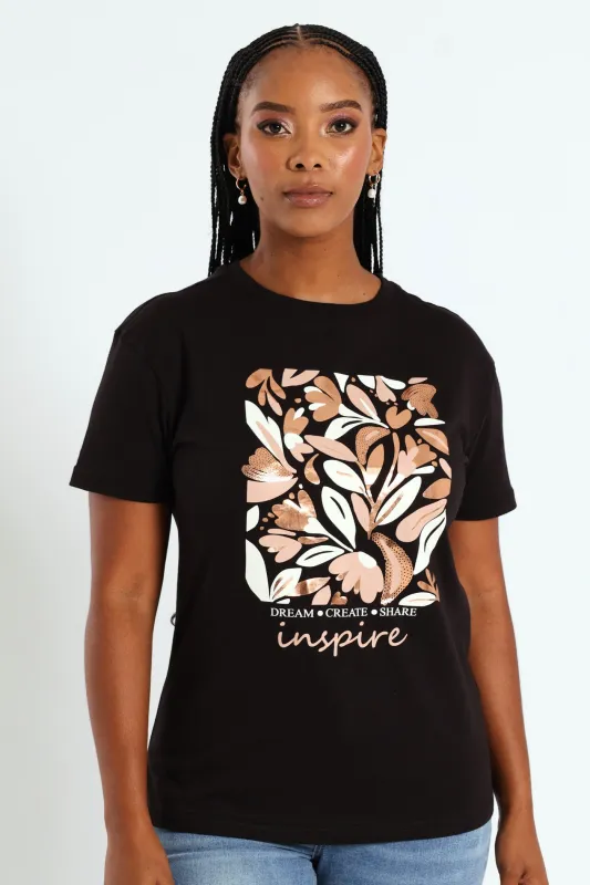 Autumn Leaves Inspire Foil Tee - Black sold by Edgars