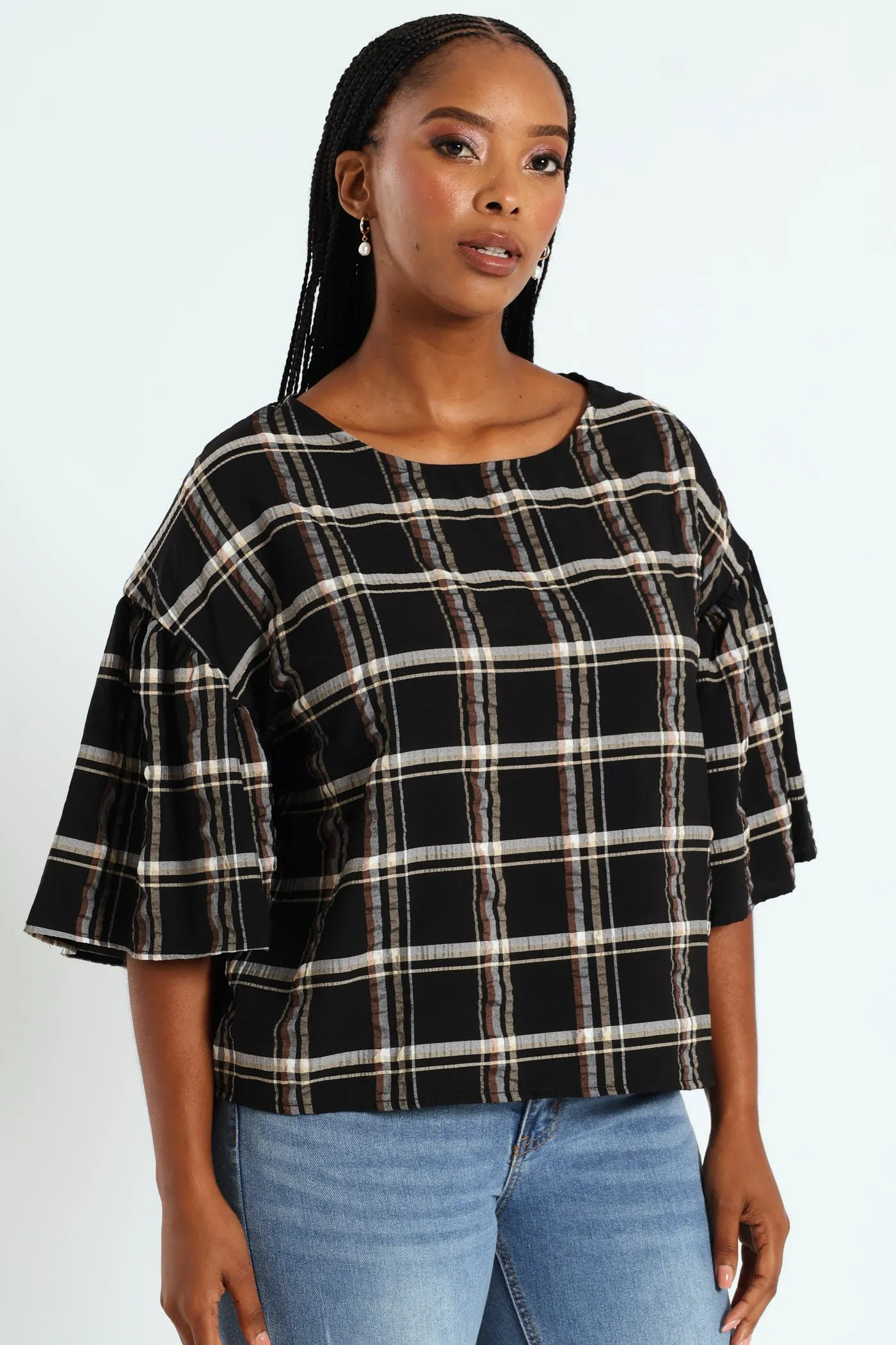 Oversized Frill Sleeve Boxy Top - Black/Beige sold by Edgars