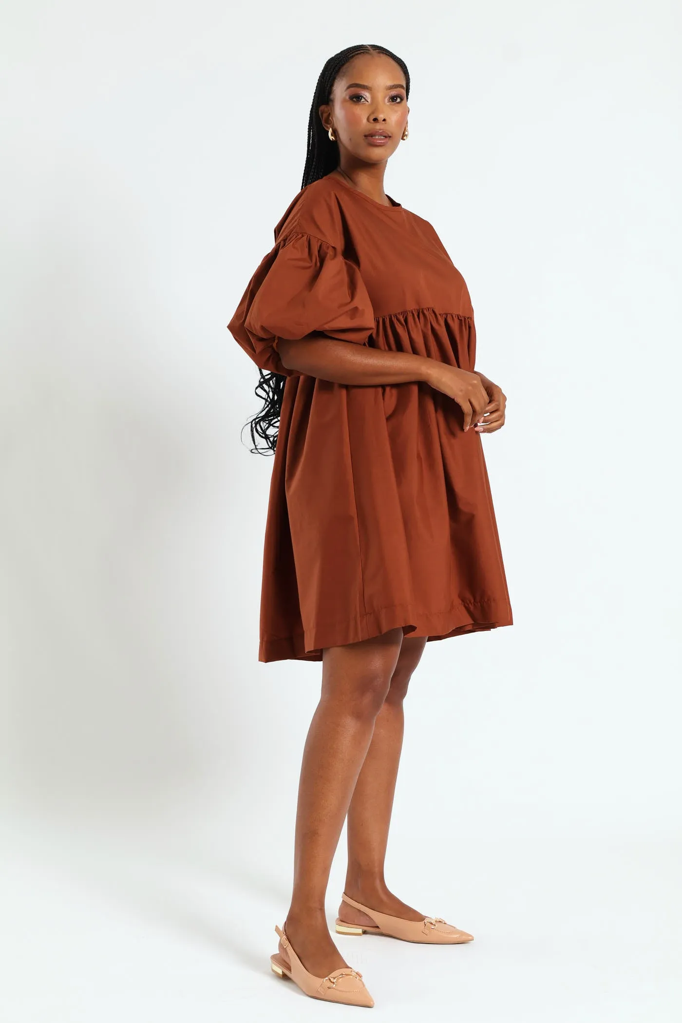 Volume Sleeve Poplin Mini Dress - Rust sold by Edgars