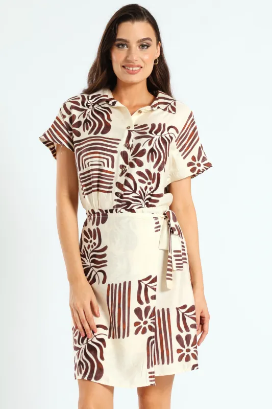 Half Placket Linen Wrap Mini Dress - Cream/Black sold by Edgars 