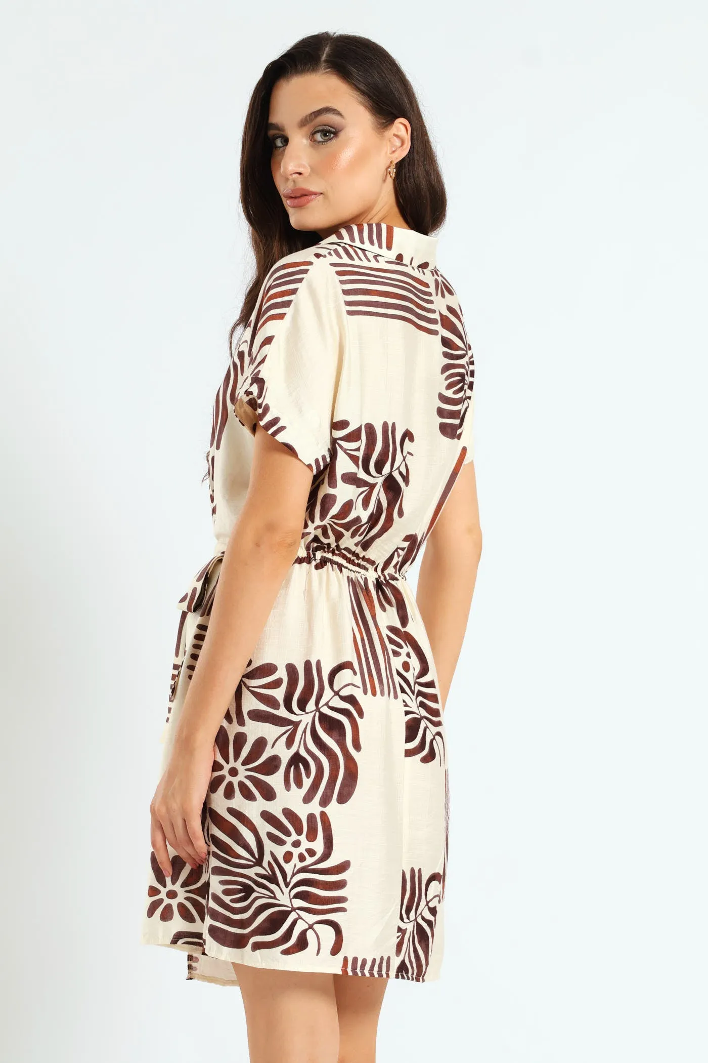 Half Placket Linen Wrap Mini Dress - Cream/Black sold by Edgars product image thumbnail 2