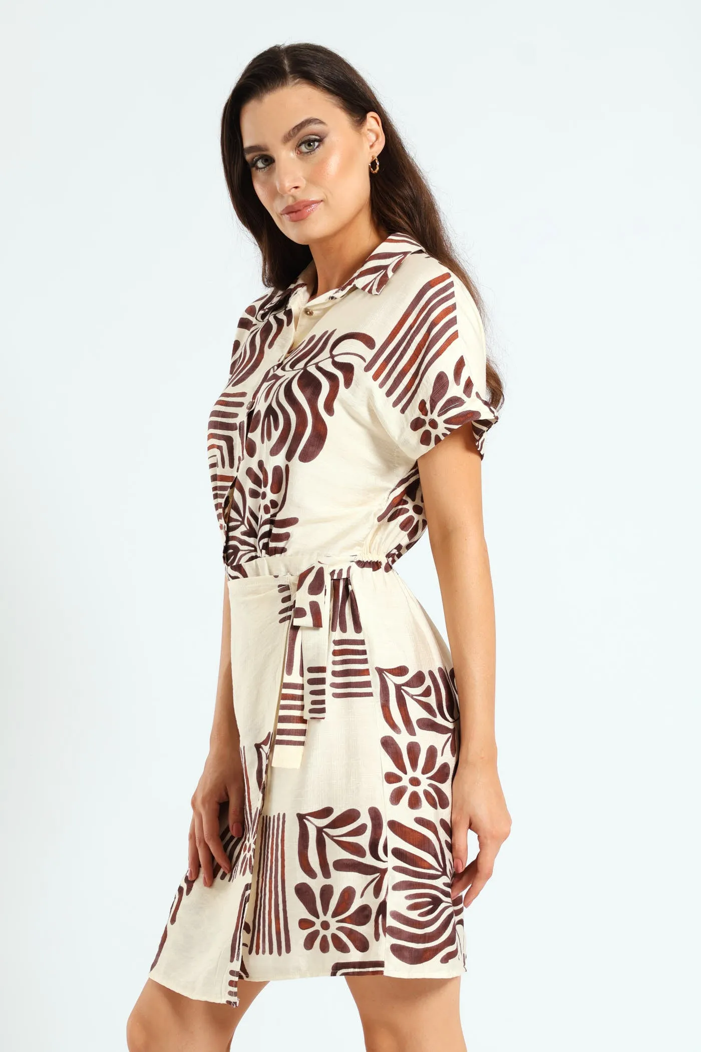 Half Placket Linen Wrap Mini Dress - Cream/Black sold by Edgars product image thumbnail 3