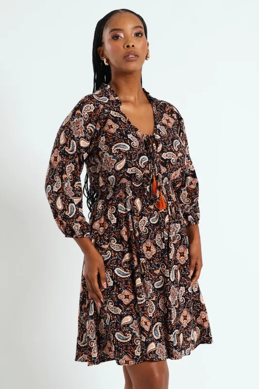 3/4 Sleeve Shirred Waist Mini Dress With Tassle - Navy sold by Edgars