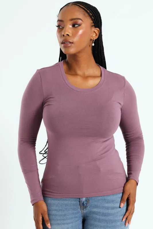Long Sleeve Cotton Lycra Crew Top - Plum sold by Edgars