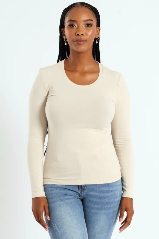 Long Sleeve Cotton Lycra Crew Top - Sandstone sold by Edgars