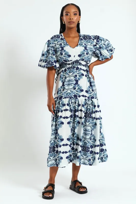 Bubble Sleeve V-Neck Tiered Midi Dress - White/Blue sold by Edgars