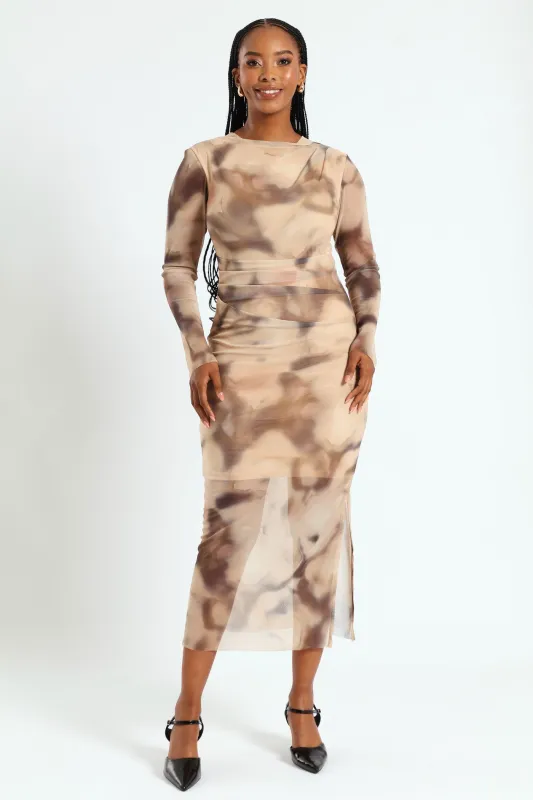 Drape Detail Mesh Midi Dress - Cream sold by Edgars