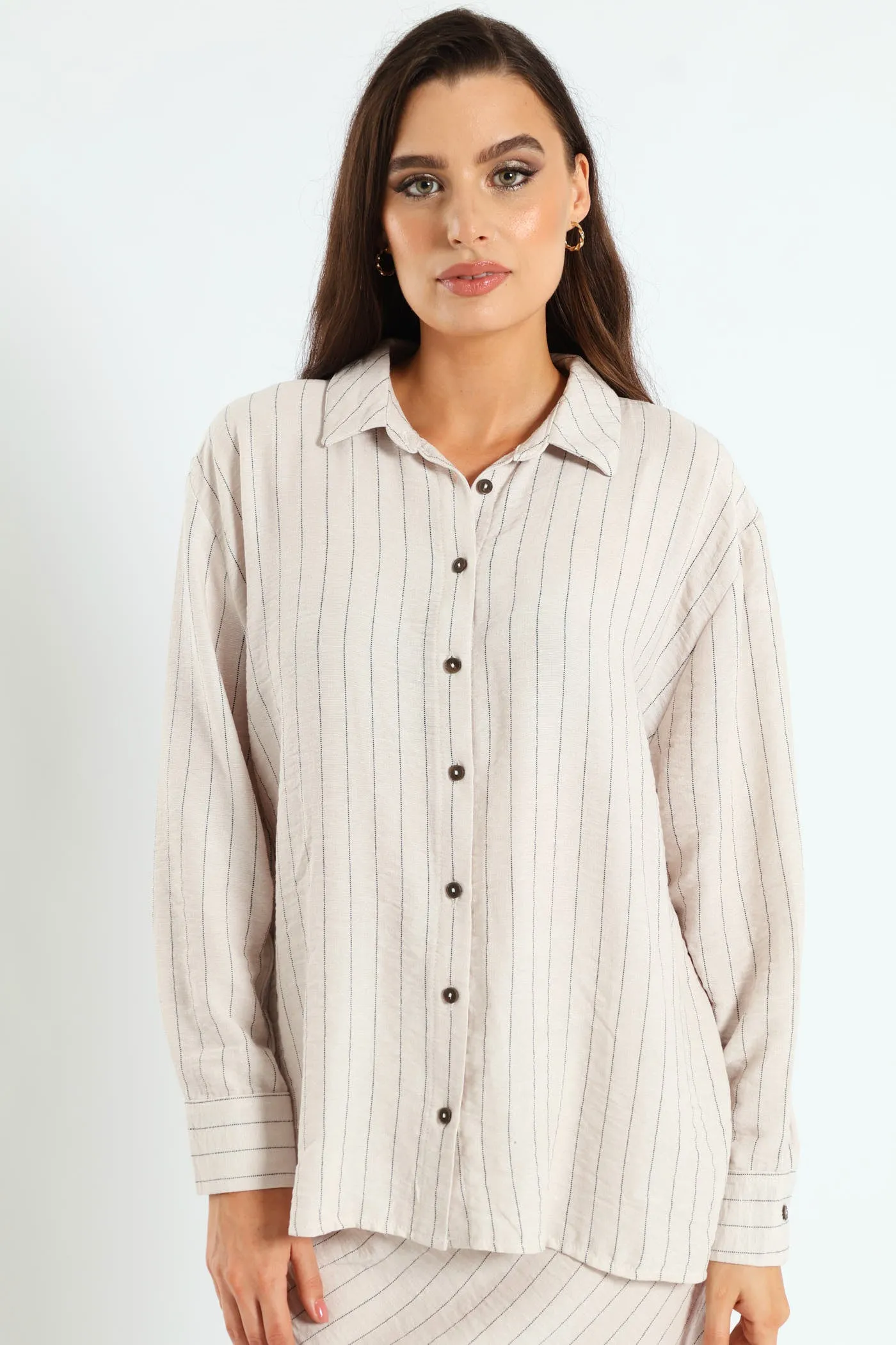 Long Sleeve Vertical Stripe Linen Shirt - Cream/Black sold by Edgars