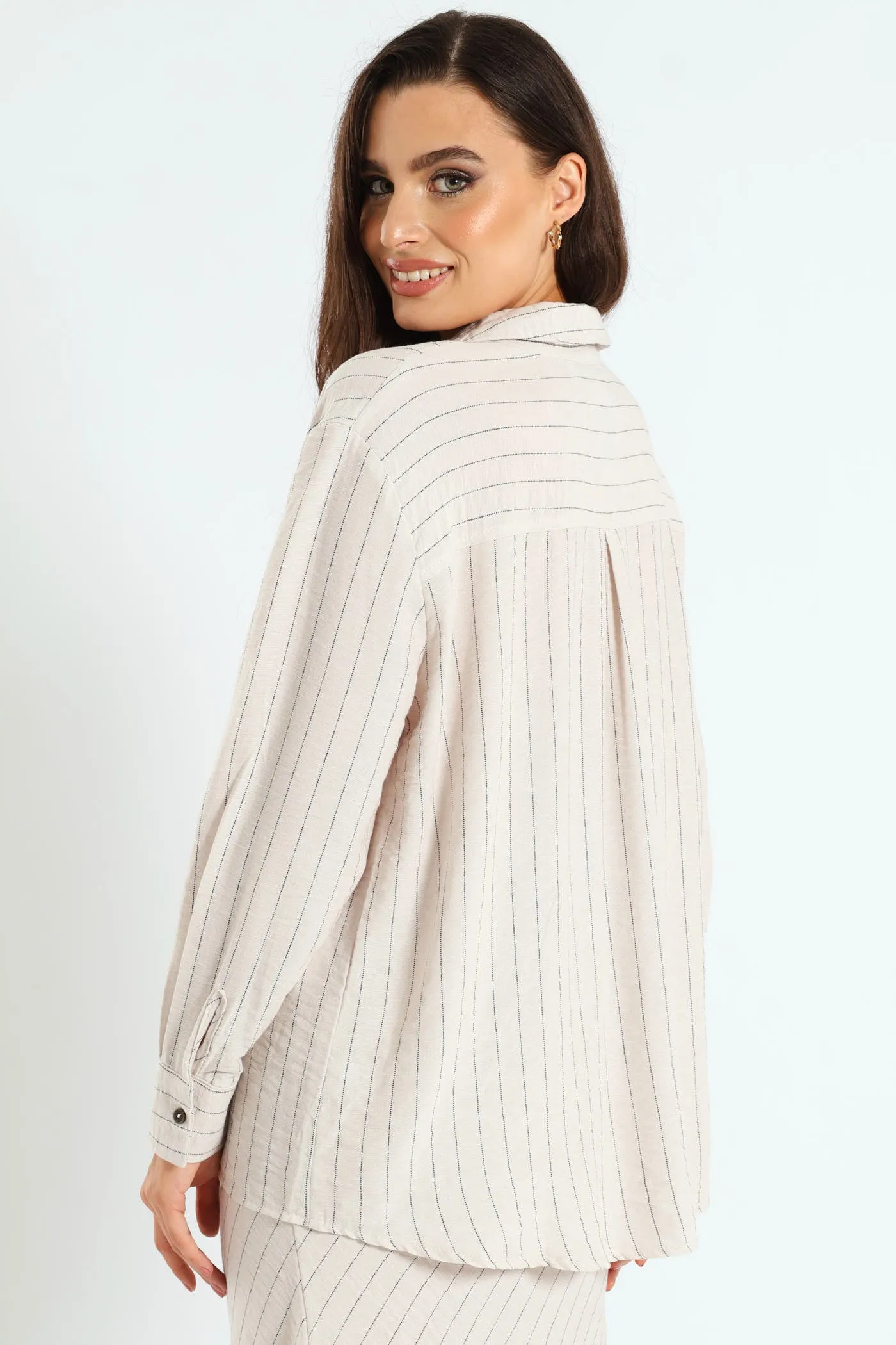 Long Sleeve Vertical Stripe Linen Shirt - Cream/Black sold by Edgars product image thumbnail 2
