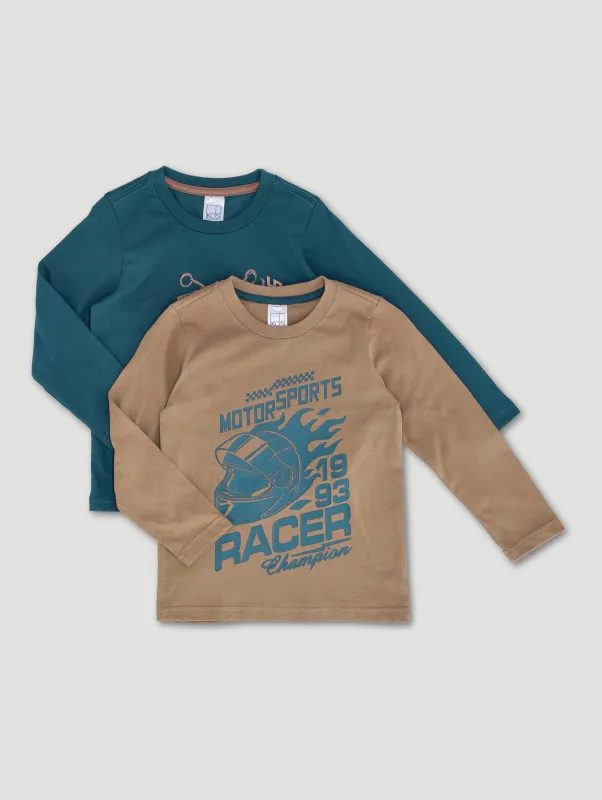 Pre-Boys 2 Pack Long Sleeve Motorbike Tees - Tan/Teal sold by Edgars