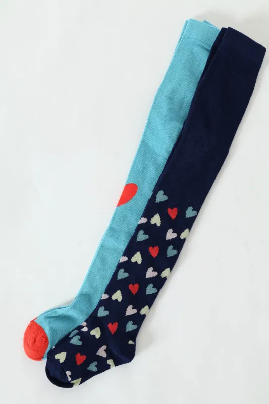 Pre-Girls 2 Pack Heart Print Tights - Navy sold by Edgars