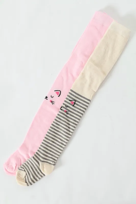 Pre-Girls 2 Pack Stripe Whiskers Tights - Oatmeal sold by Edgars