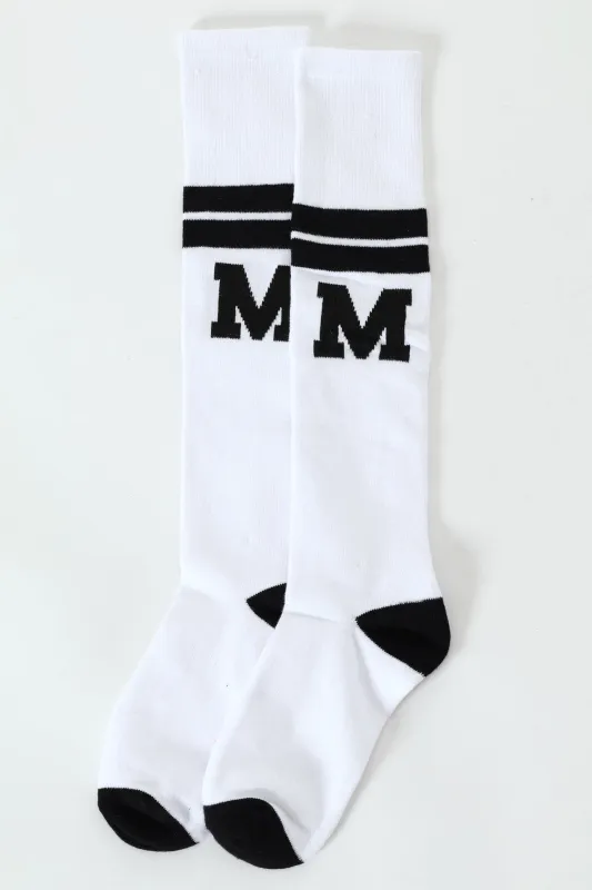 Girls Striped Alphabet Kneehigh Socks - White sold by Edgars 