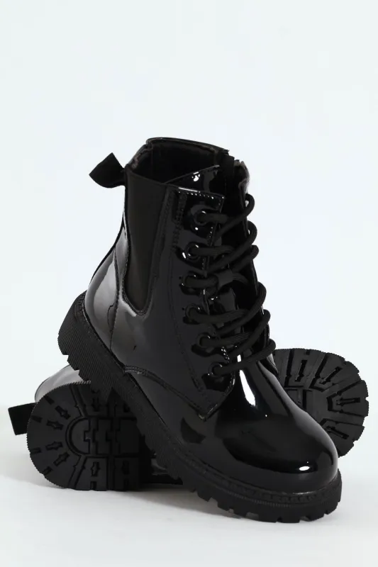 Girls Patent Military Boot - Black sold by Edgars