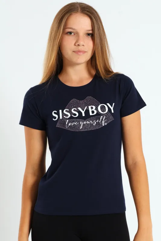 Girls Bling Lips Tee - Navy sold by Edgars