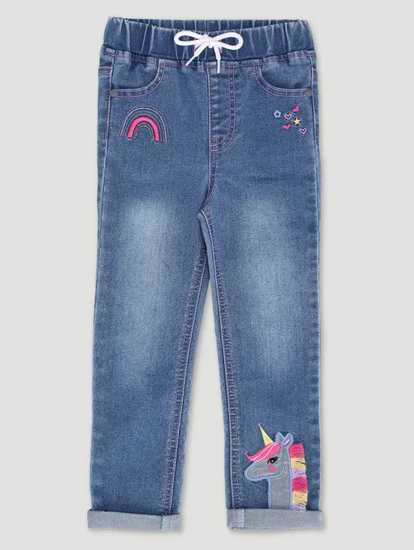 Pre-Girls Unicorn Applique Denim - Mid Blue sold by Edgars