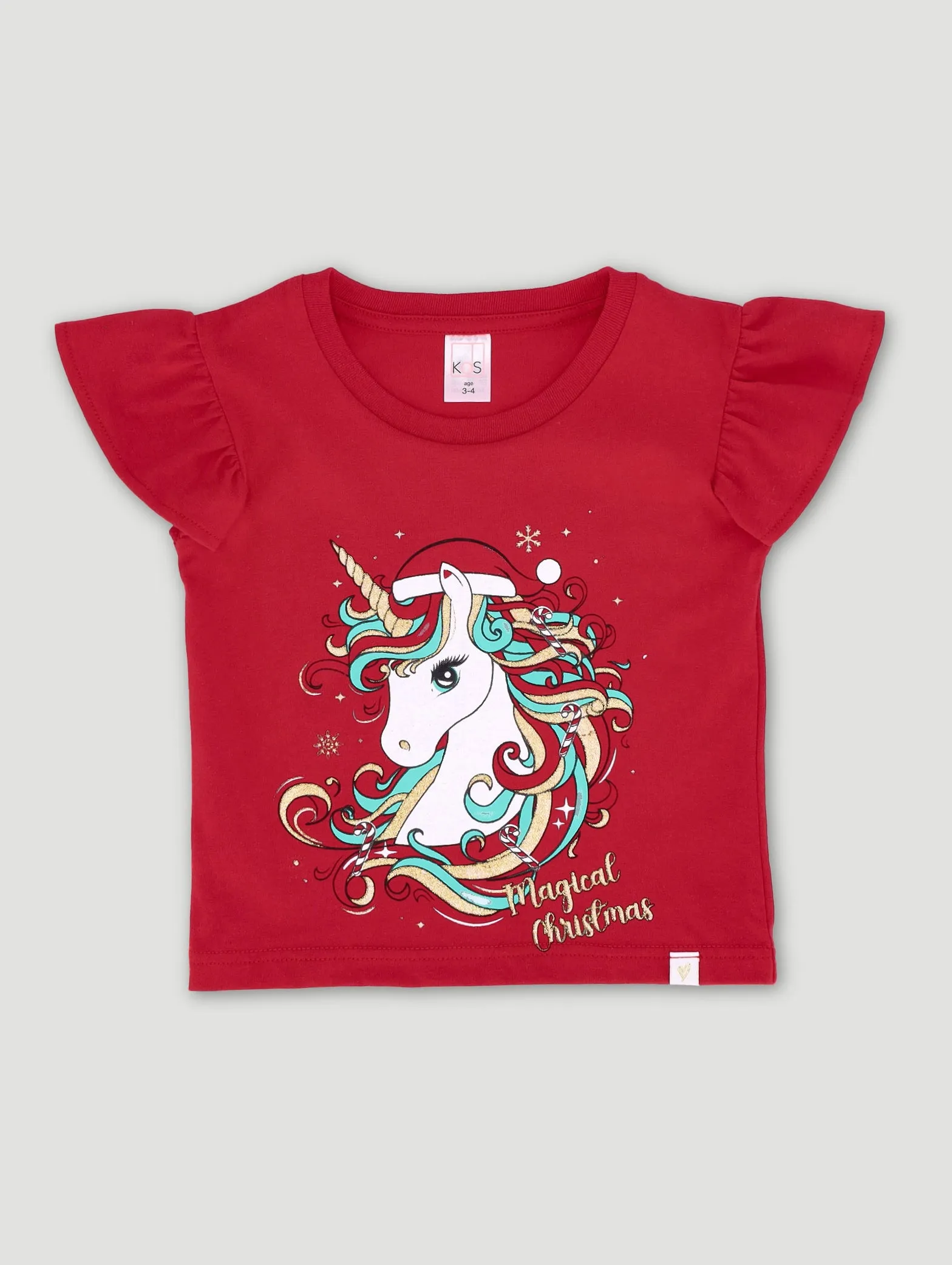 Pre-Girls Unicorn Christmas Tee - Red sold by Edgars