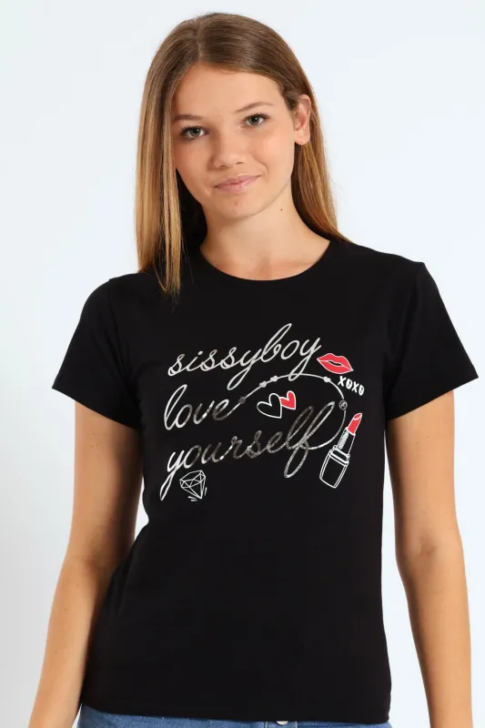 Girls Foil & Lipstick Tee - Black sold by Edgars