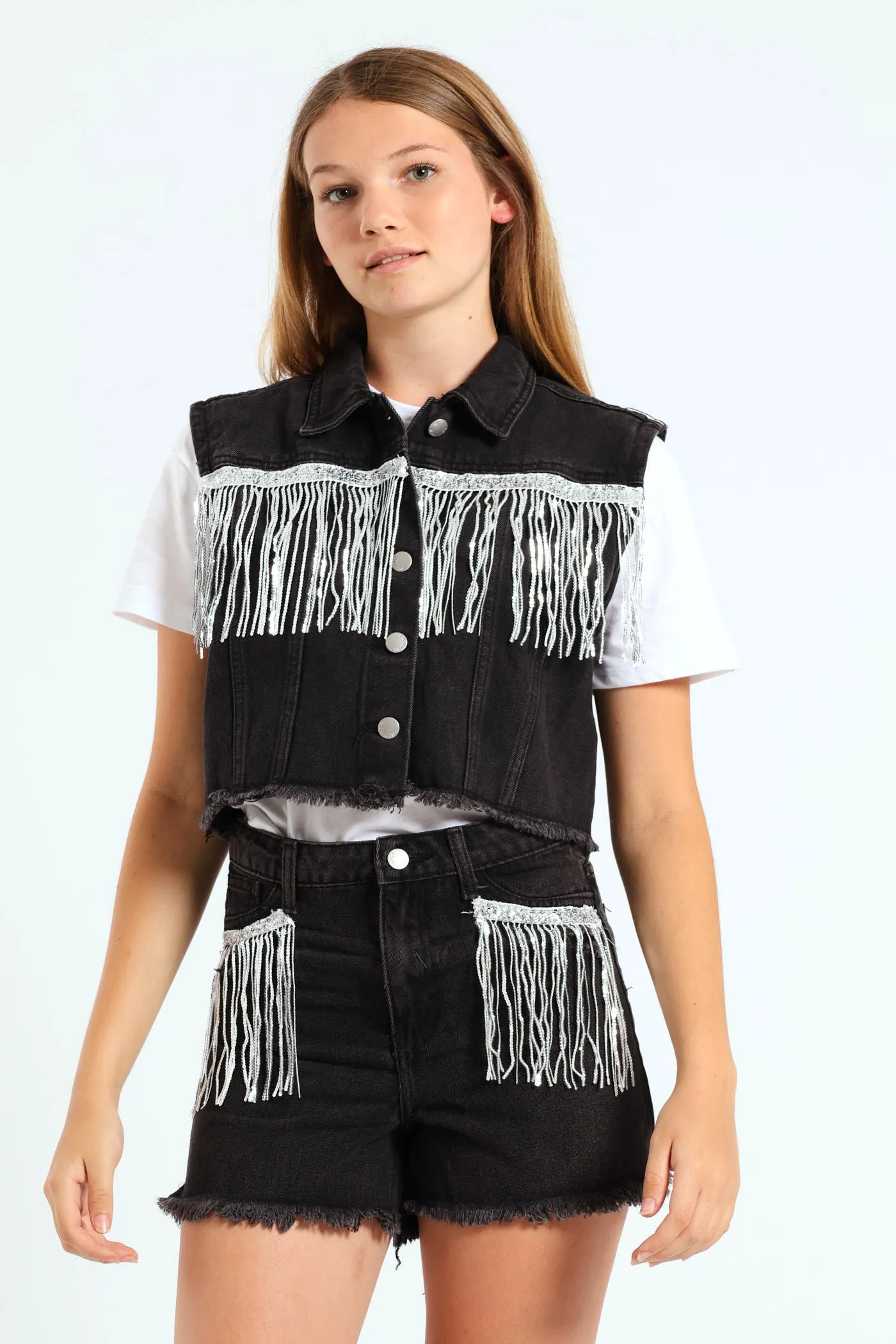 Girls Denim Sequin Fringe Short - Black sold by Edgars product image thumbnail 2