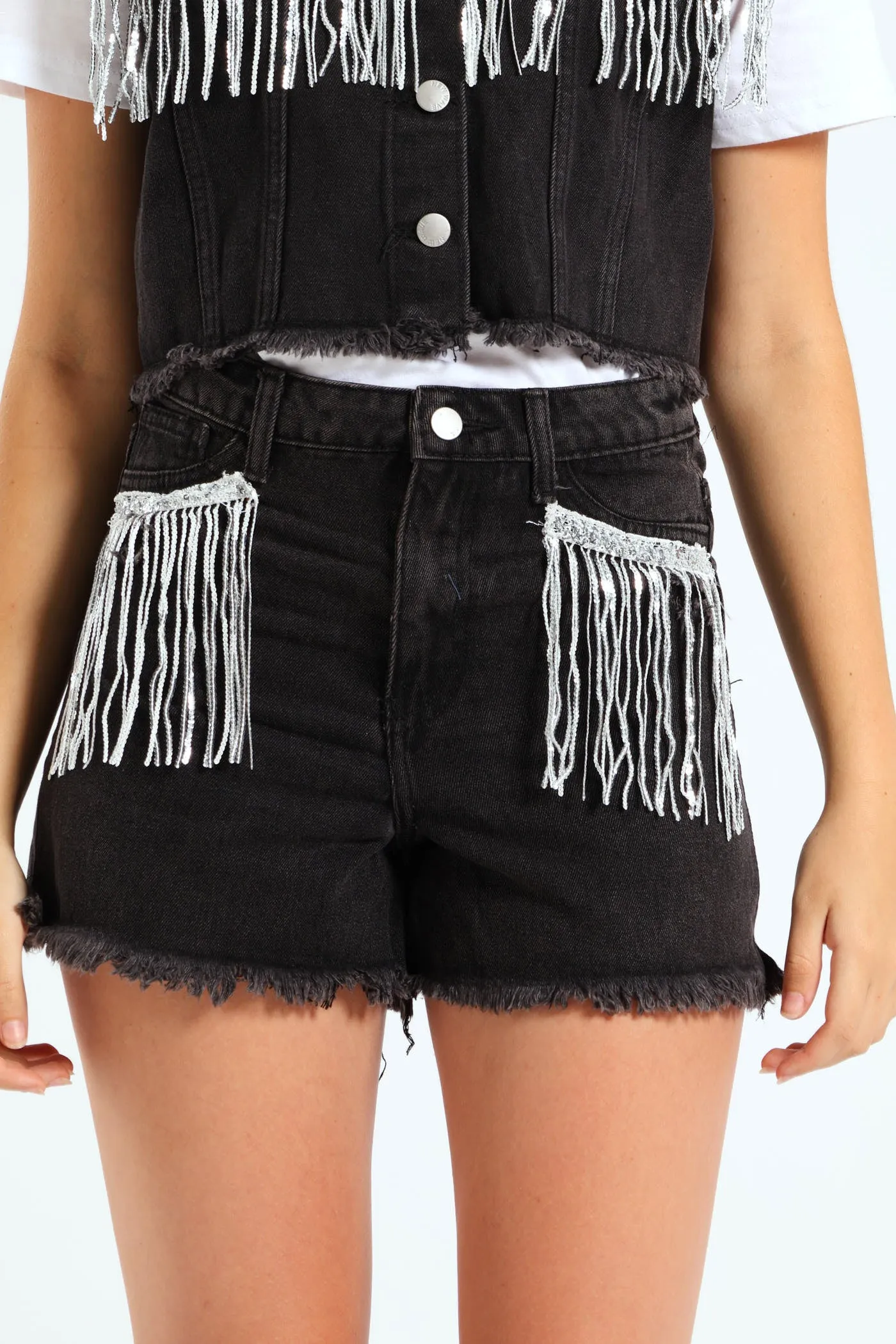 Girls Denim Sequin Fringe Short - Black sold by Edgars