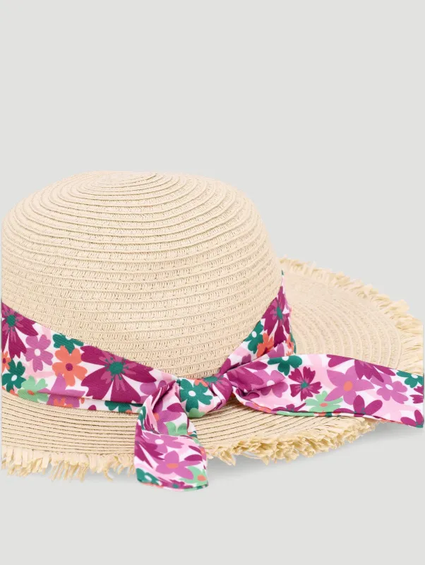 Pre-Girls Bow Frayed Sunhat - Natural sold by Edgars