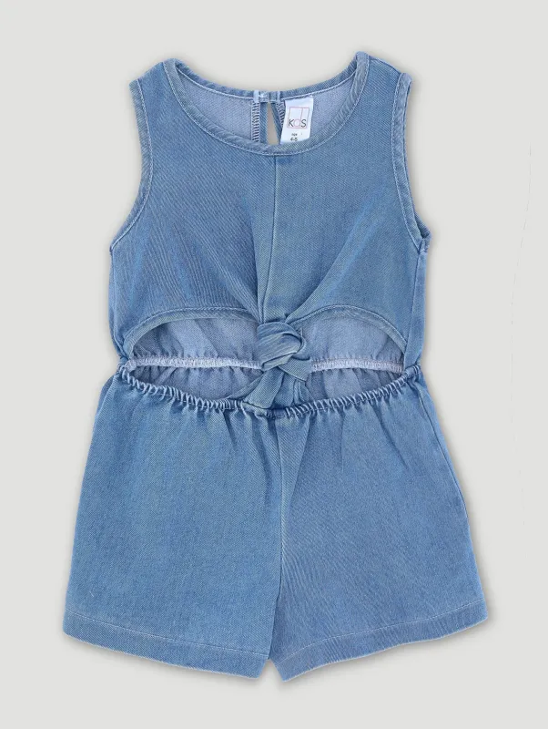 Pre-Girls Knot Keyhole Denim Jumpsuit - Mid Blue sold by Edgars 