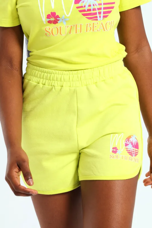 Girls Printed Fleece Shorts - Lime sold by Edgars