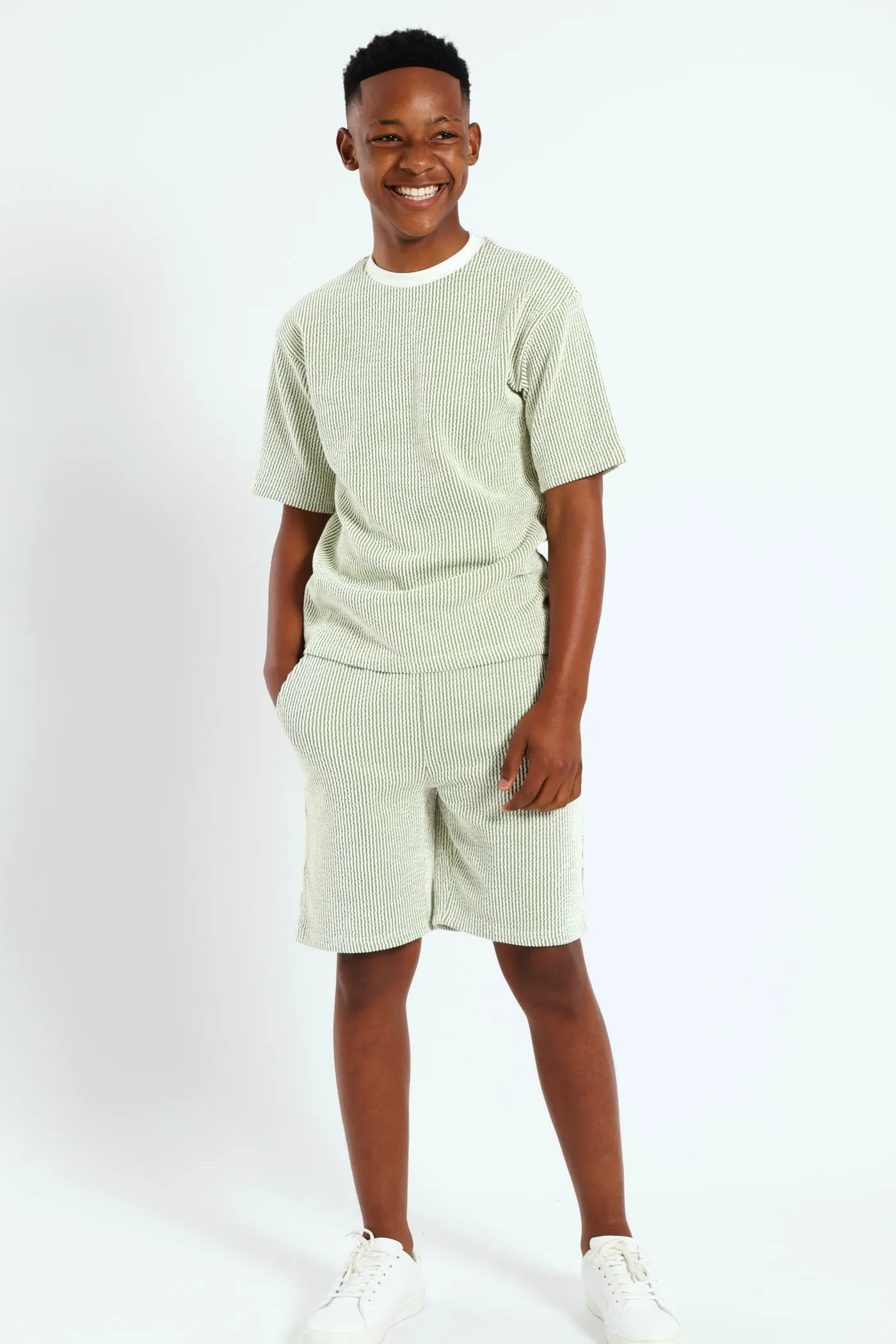 Boys Ecru Seersucker Tee - Olive sold by Edgars