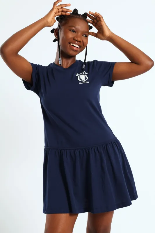 Girls Embroidered Badge Tiered Dress - Navy/Blue sold by Edgars 