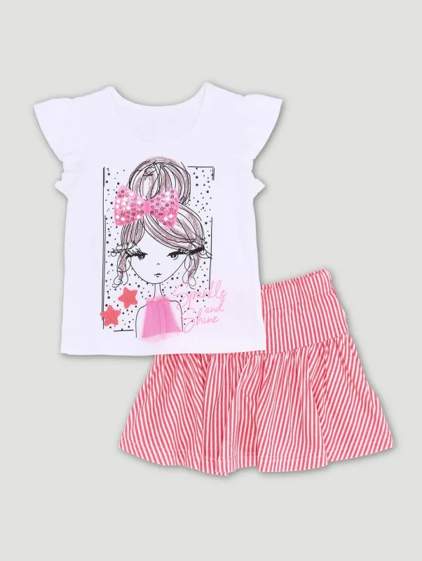 Pre-Girls Tee & Stripe Skirt Set - Coral sold by Edgars