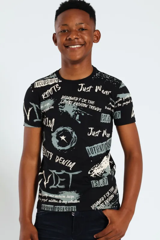 Boys Allover Print Tee - Black sold by Edgars