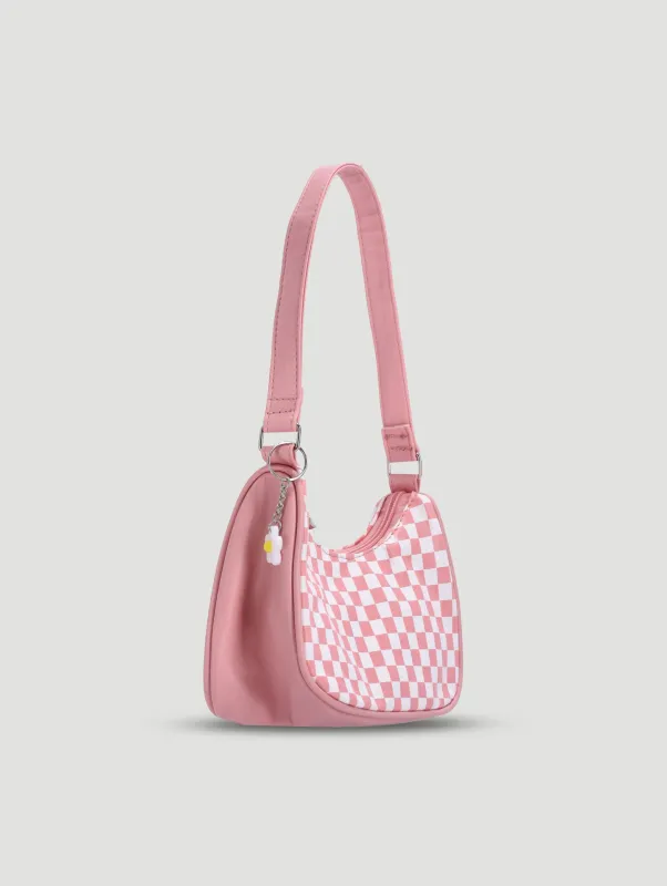 Pre-Girls Check Flower Pu Shoulder Bag - Pink sold by Edgars
