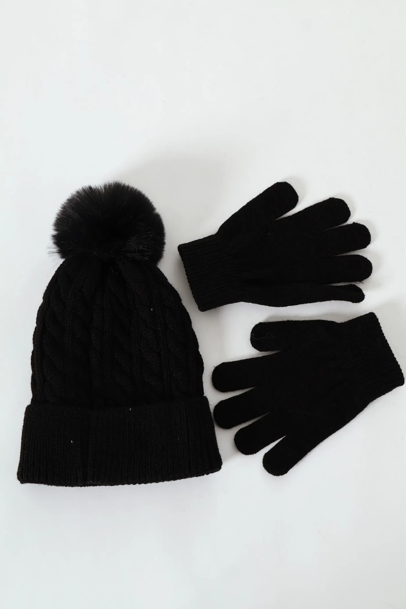 Boys Cable Knit Beanie With Gloves - Black sold by Edgars