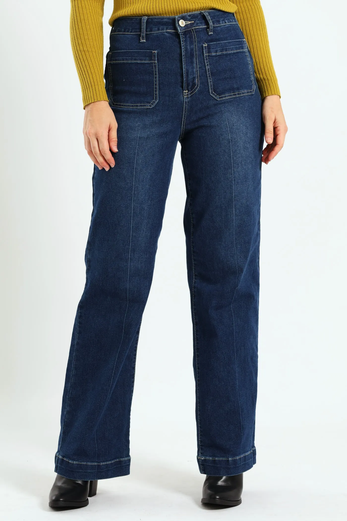 High Rise Pocket Detail Wide Leg Jean - Dark Wash sold by Edgars