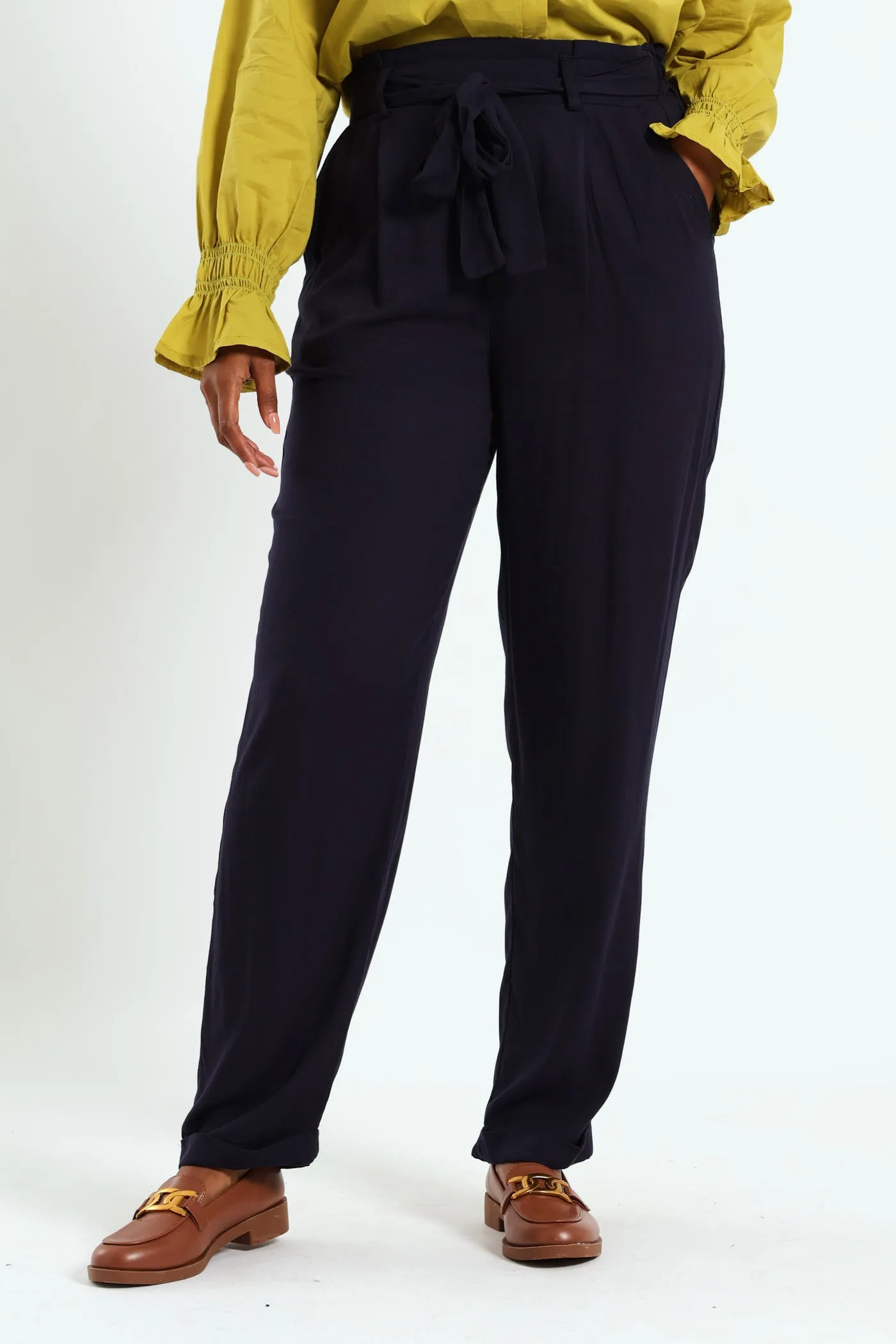 Pull On Self Tie Pleated Tapered Leg Pant - Navy sold by Edgars