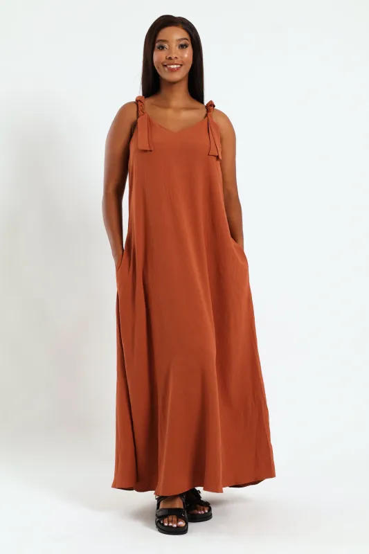 Braided Strap Slip Flare Maxi Dress With Pockets - Rust sold by Edgars
