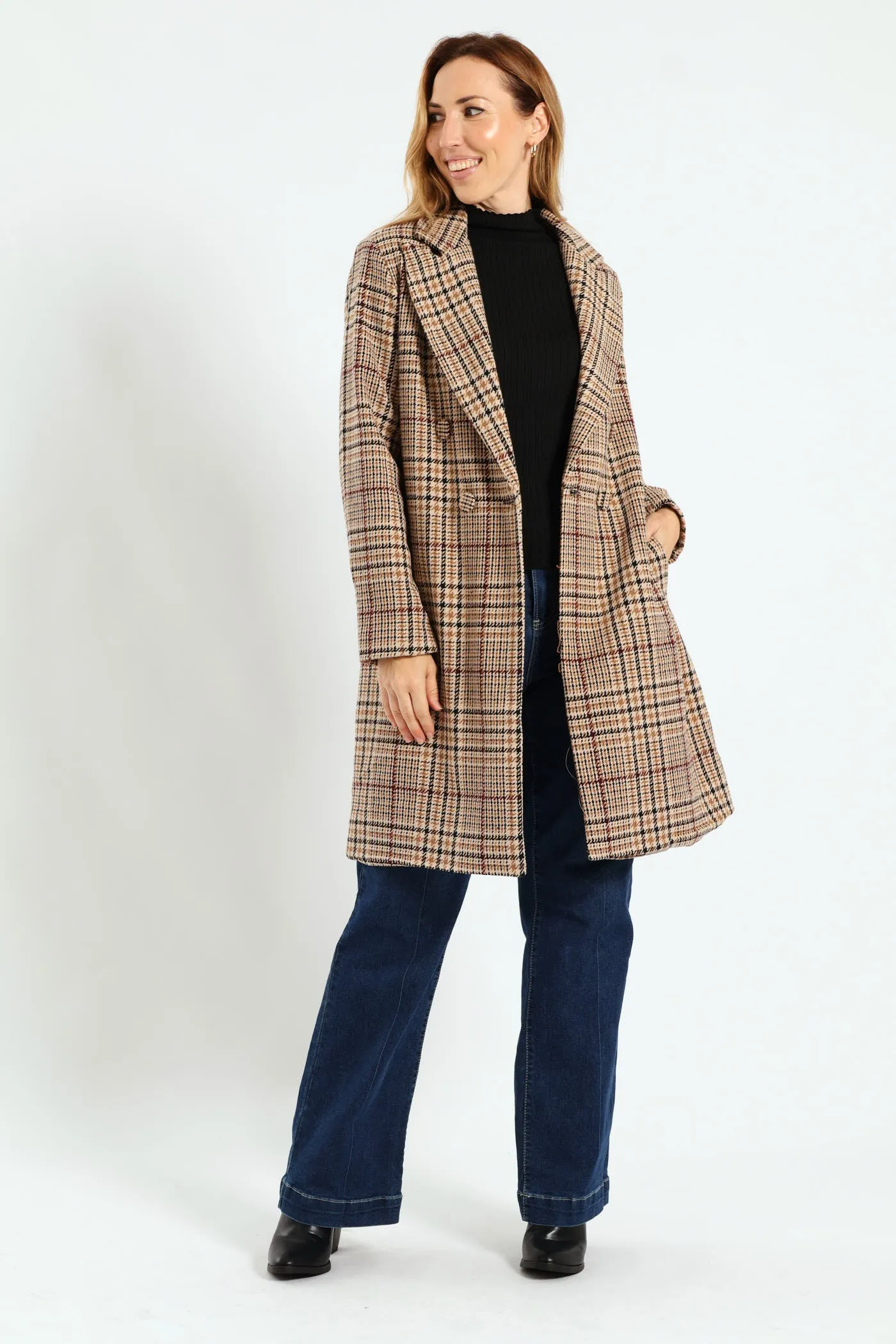 Double Breasted Tartan Check Tweed Coat - Brown sold by Edgars