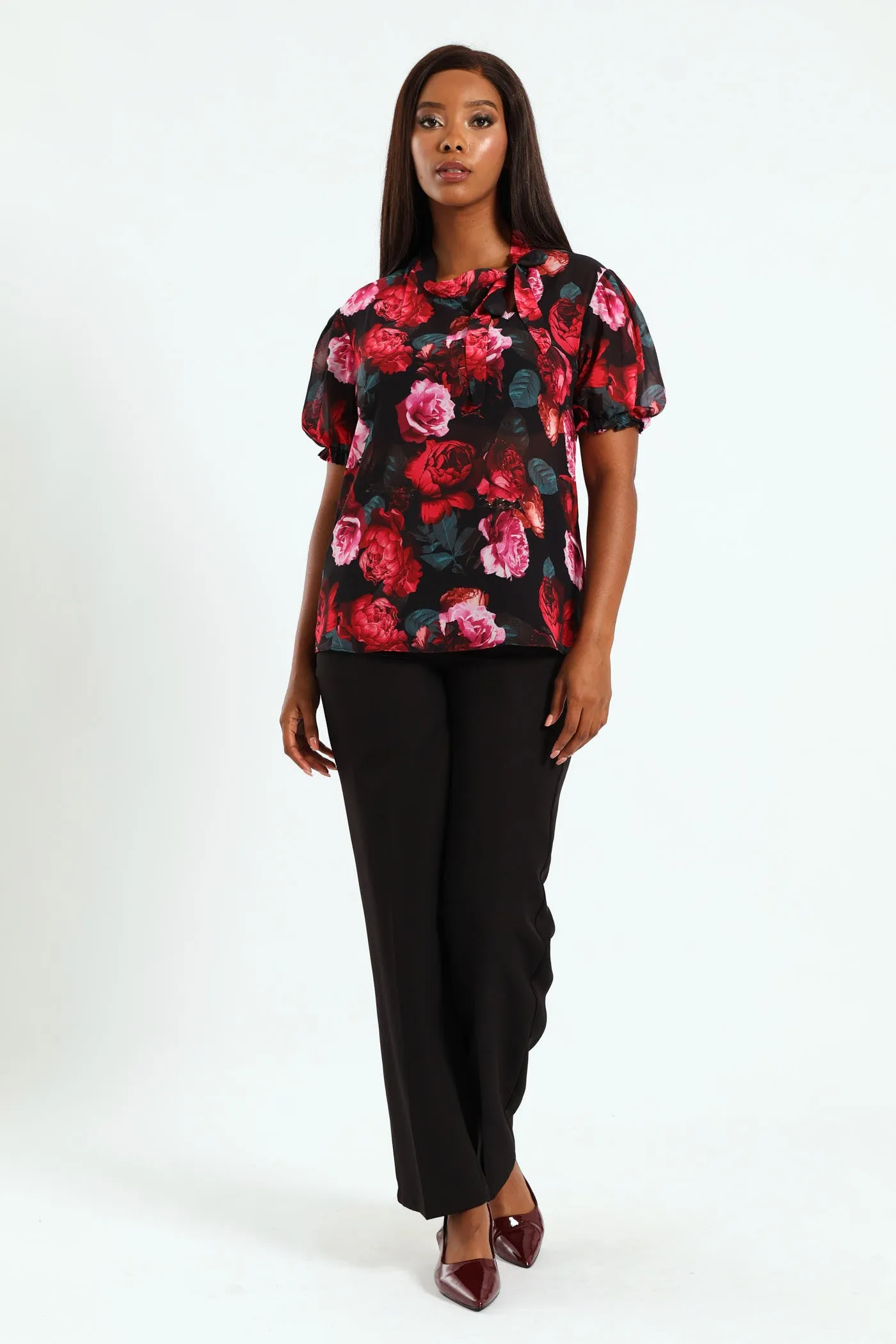 Kitty Bow Puff Sleeve Blouse - Black sold by Edgars