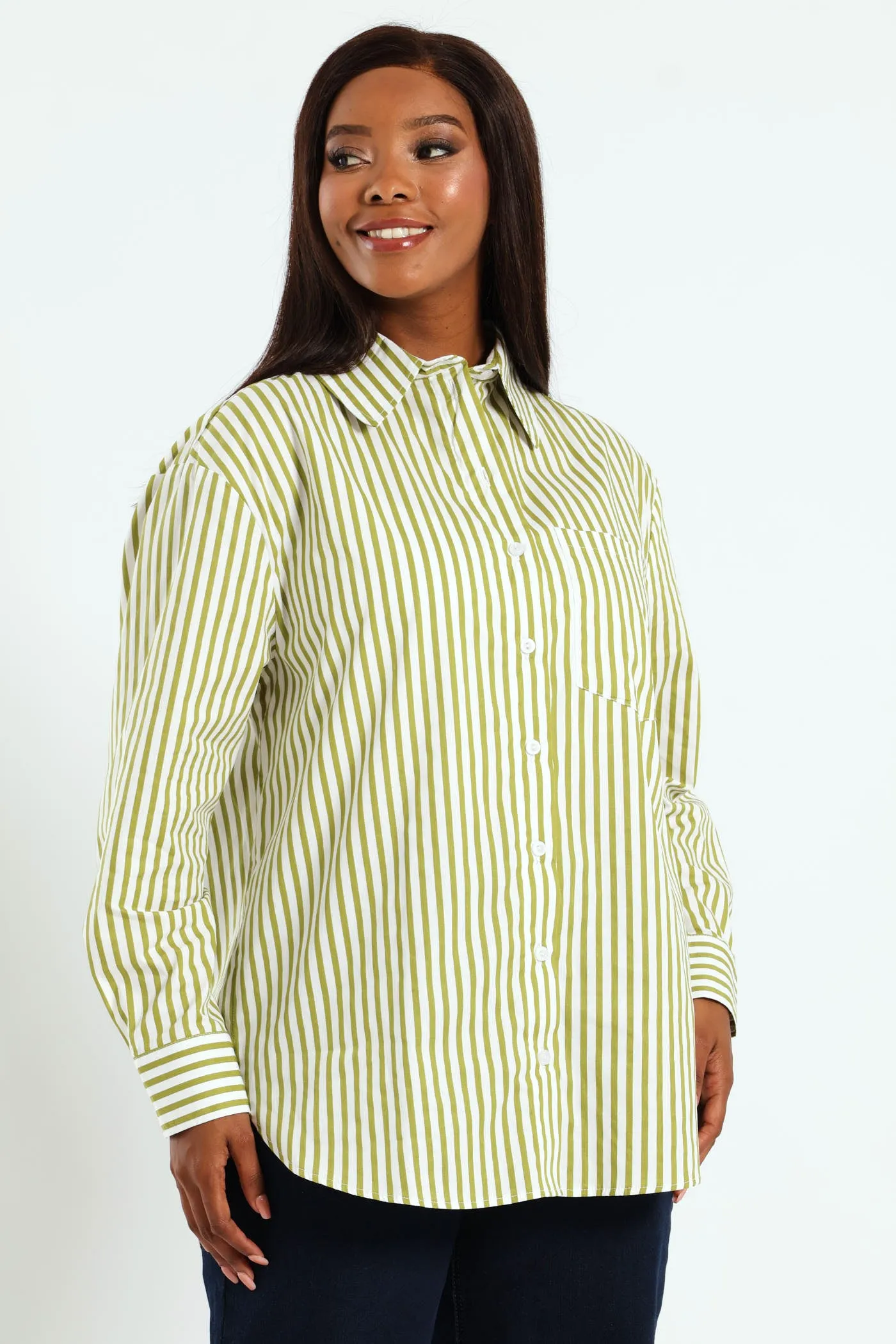 Oversized Stripe Poplin Shirt - Chartreuse/White sold by Edgars