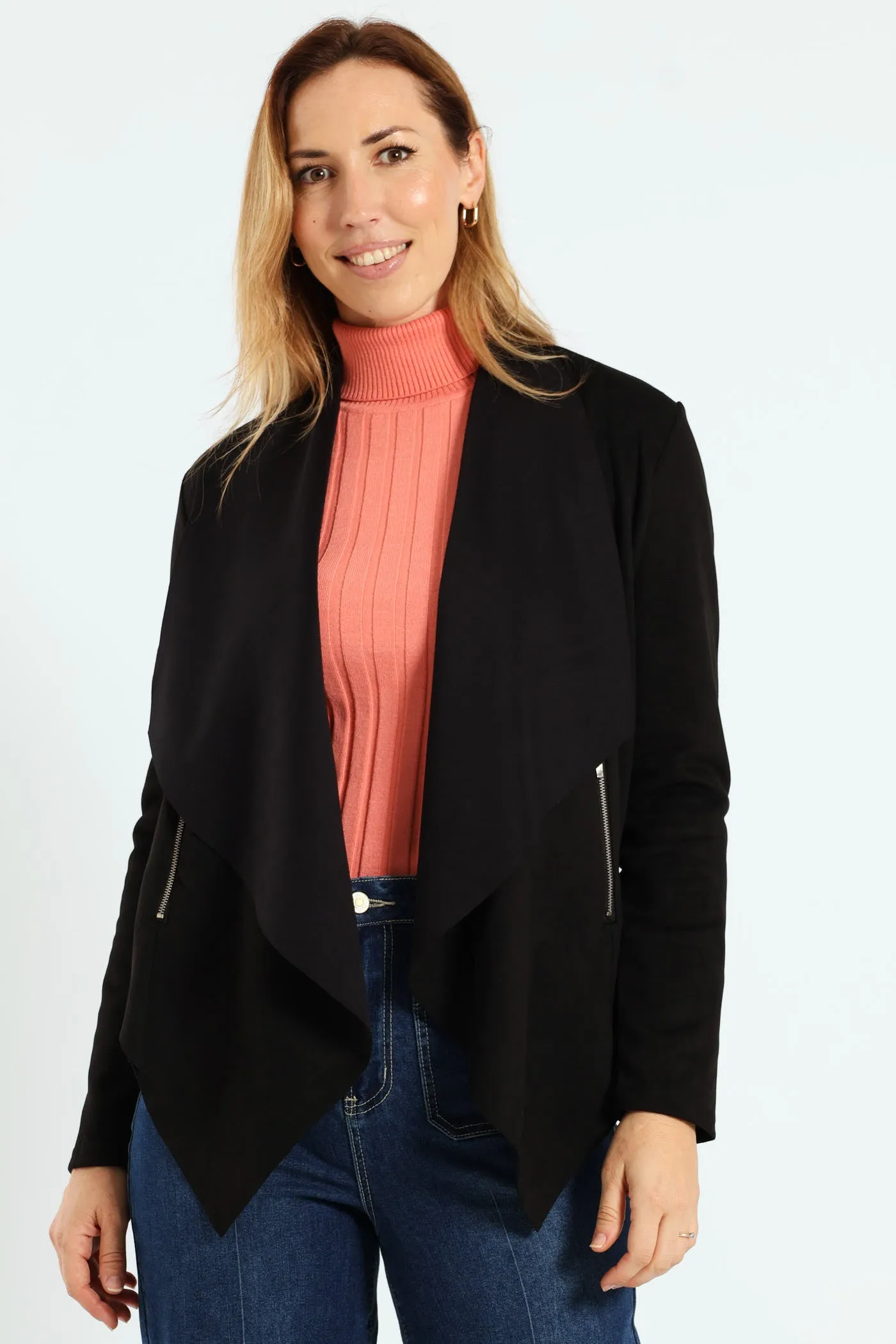 Long Sleeve Suede Waterfall Jacket With Zip Detail - Black sold by Edgars product image thumbnail 3