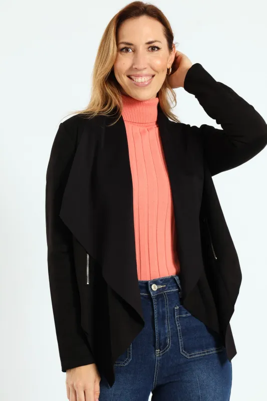 Long Sleeve Suede Waterfall Jacket With Zip Detail - Black sold by Edgars
