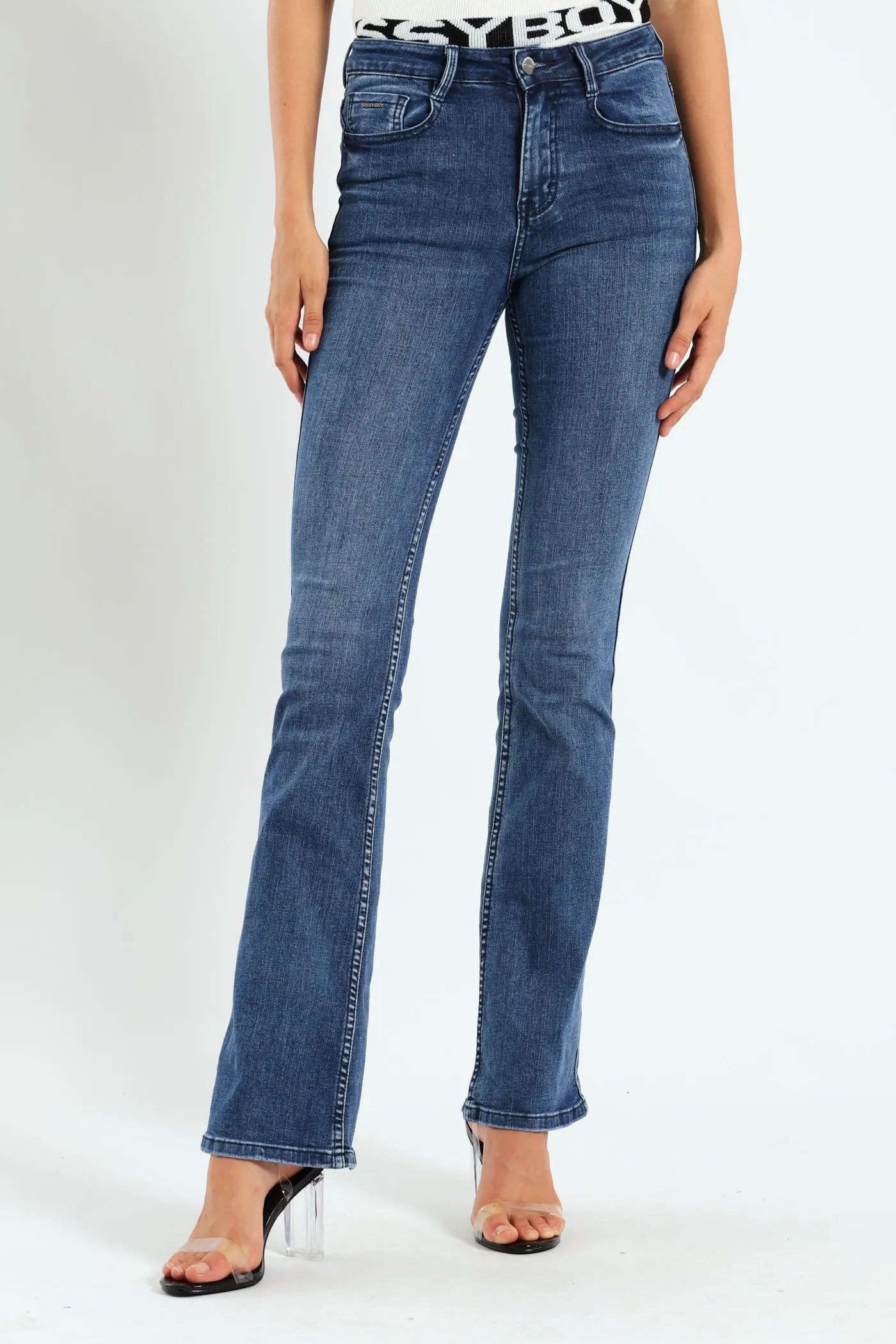 Mid Waist Bootleg With Wings On Pockets - Mid Blue sold by Edgars