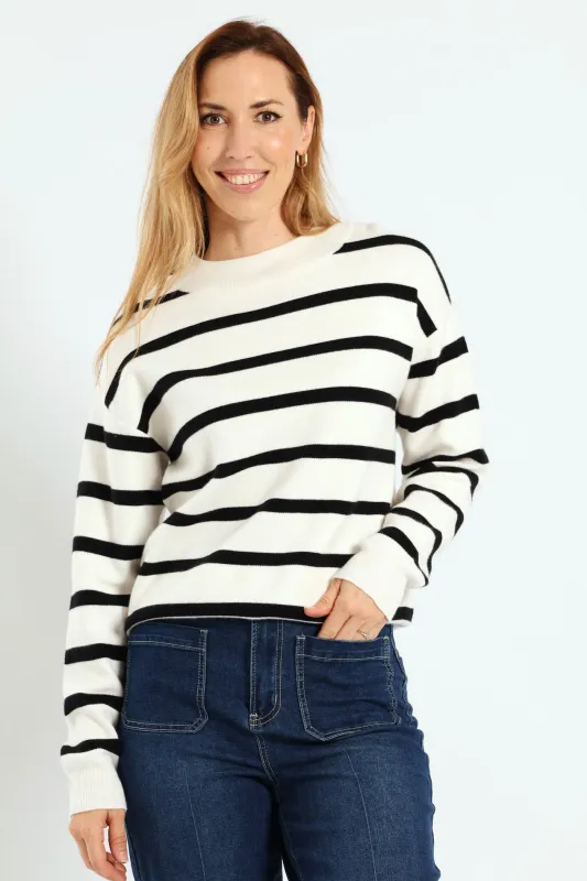 Luxe Academia Stripe Turtle Pullover - Black/White sold by Edgars
