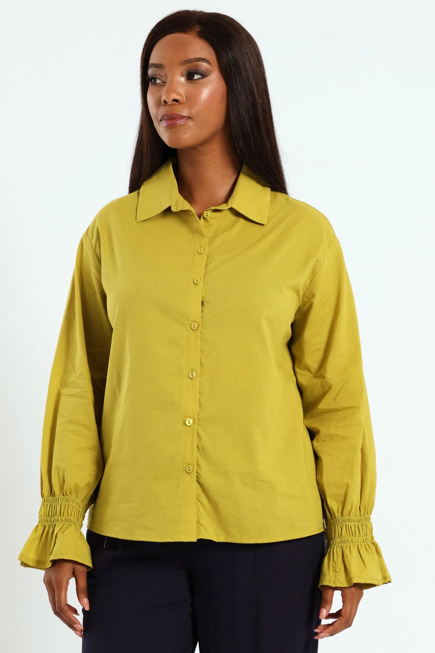 Long Sleeve Shirred Cuff Voile Shirt - Chartreuse sold by Edgars