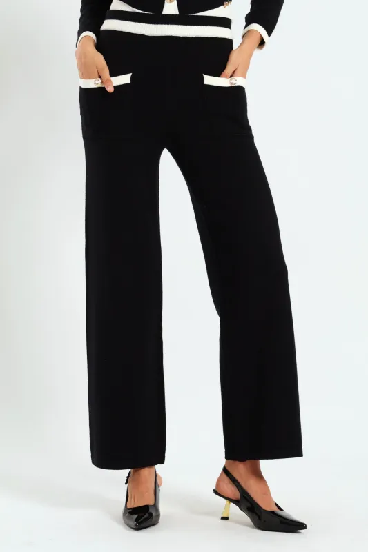 Contrasted Wide-Leg Knit Pants - Black sold by Edgars 