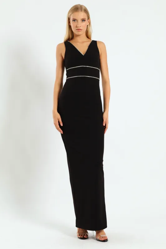 V-Neck Maxi Dress With Trim - Black sold by Edgars 