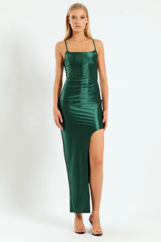 Corset Bodice & Pleated Asymmetrical Maxi Dress - Bottle Green sold by Edgars